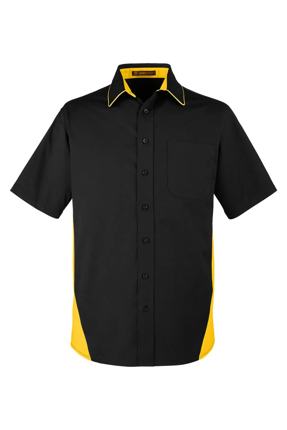 Harriton Mens Flash Colorblock Wrinkle Resistant Short Sleeve Button Down Shirt w/ Pocket - Black/Sunray Yellow - Closeout