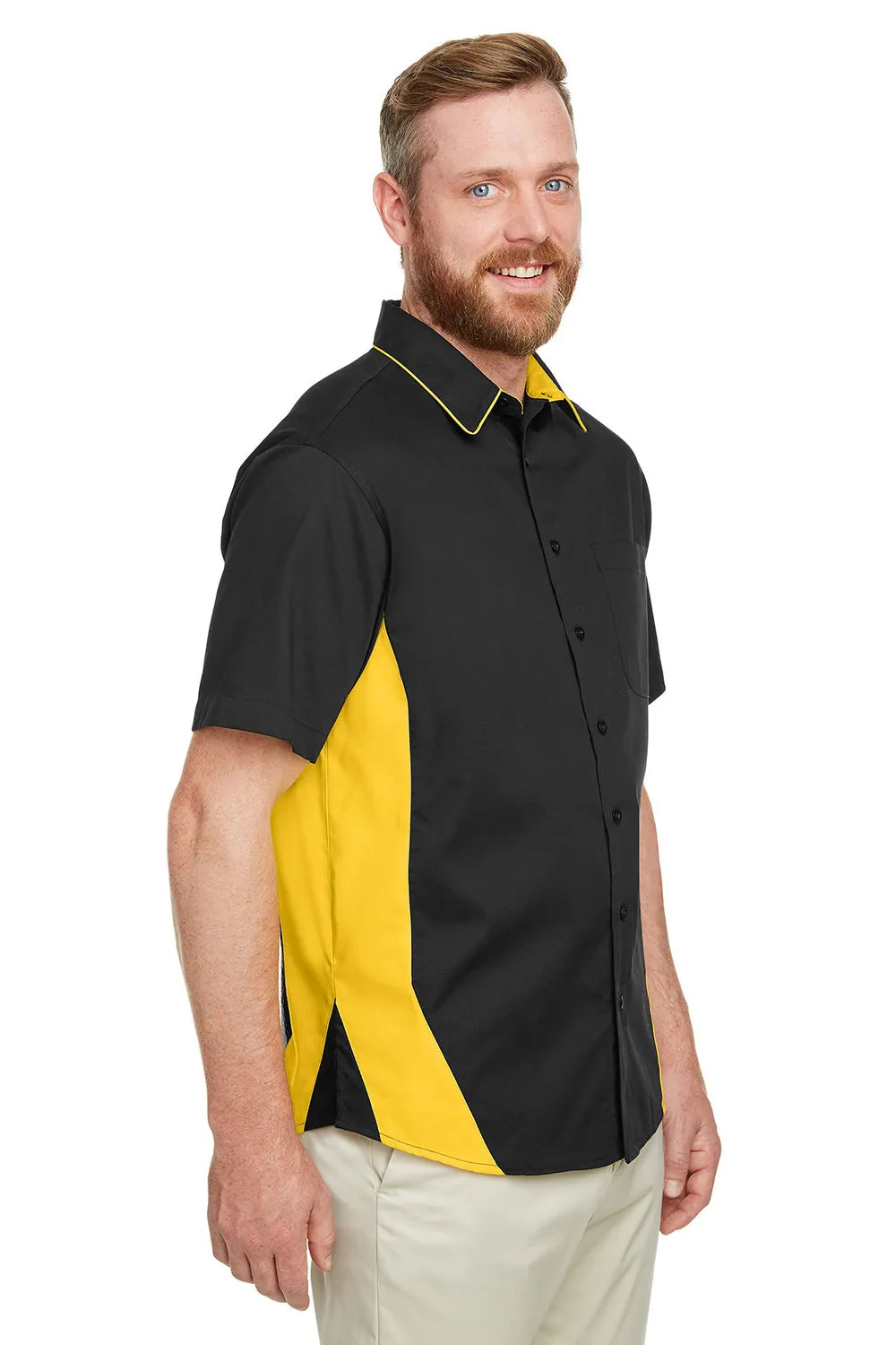 Harriton Mens Flash Colorblock Wrinkle Resistant Short Sleeve Button Down Shirt w/ Pocket - Black/Sunray Yellow - Closeout