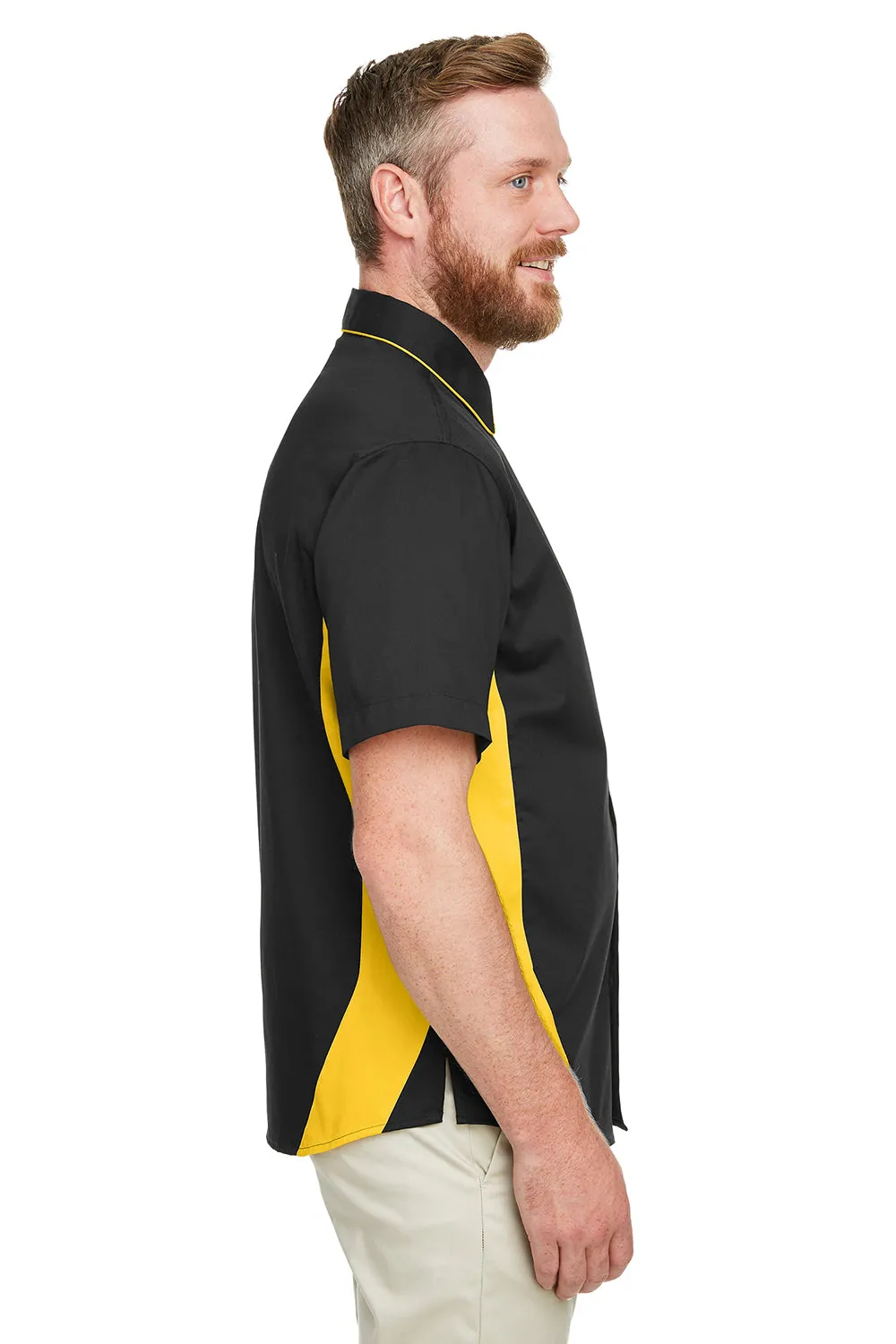 Harriton Mens Flash Colorblock Wrinkle Resistant Short Sleeve Button Down Shirt w/ Pocket - Black/Sunray Yellow - Closeout