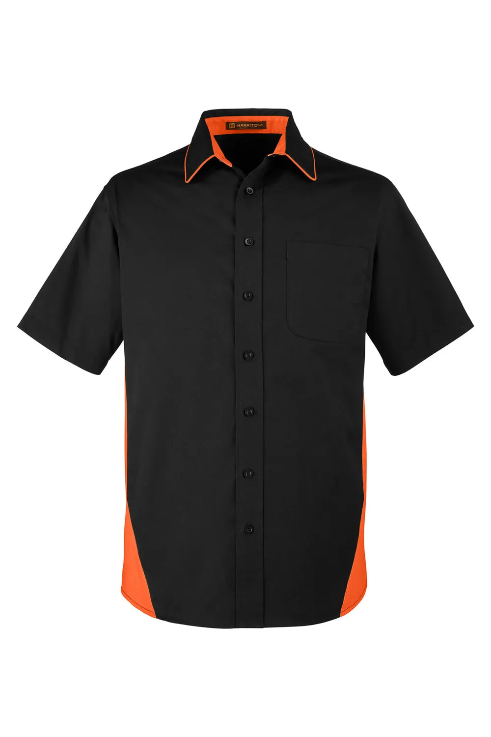 Harriton Mens Flash Colorblock Wrinkle Resistant Short Sleeve Button Down Shirt w/ Pocket - Black/Team Orange - Closeout