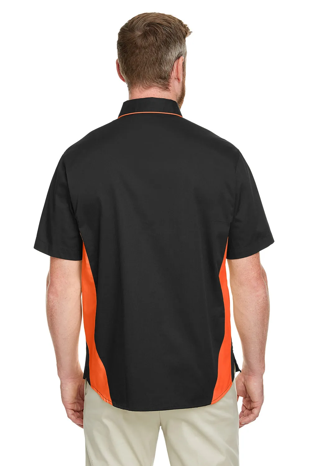 Harriton Mens Flash Colorblock Wrinkle Resistant Short Sleeve Button Down Shirt w/ Pocket - Black/Team Orange - Closeout