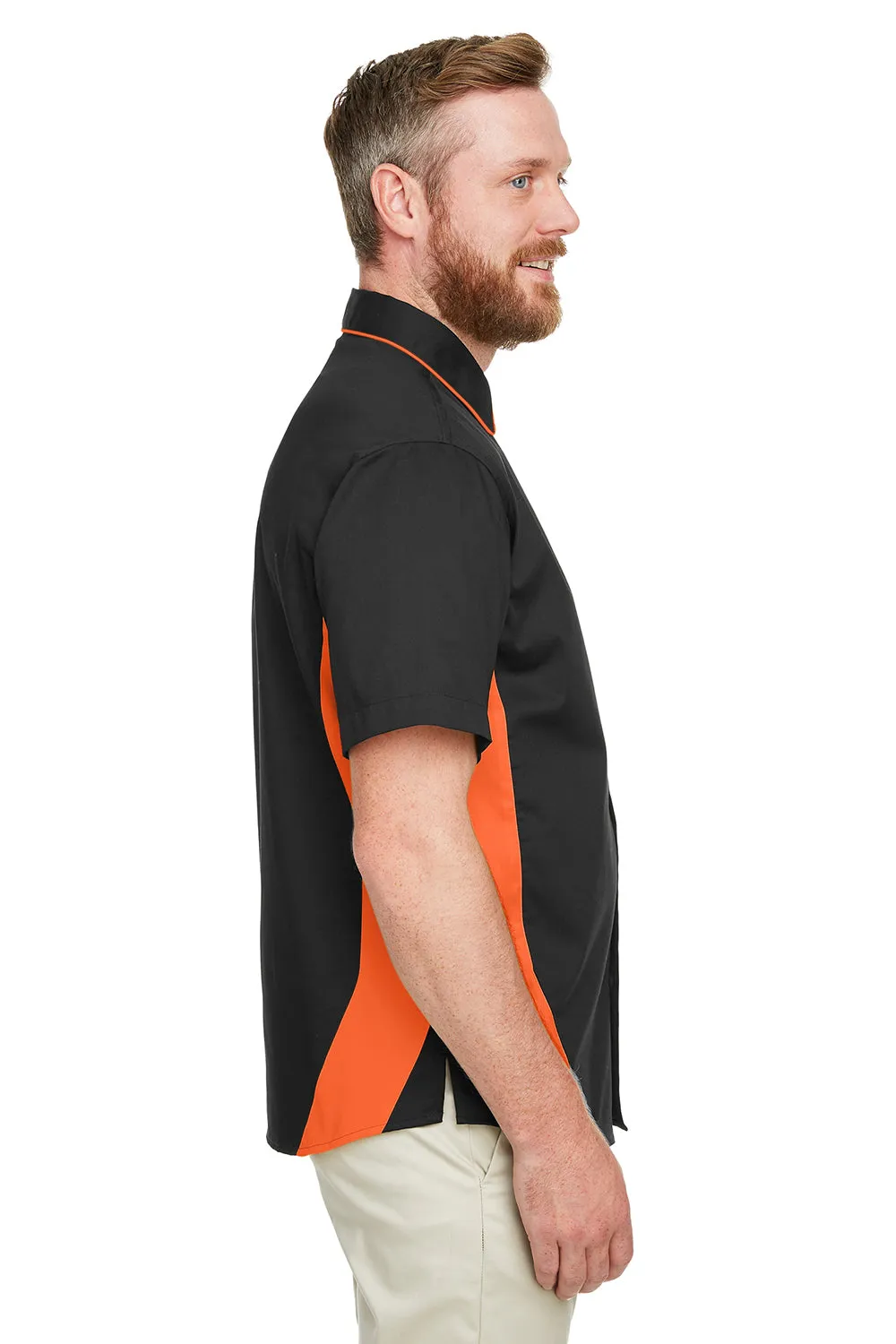 Harriton Mens Flash Colorblock Wrinkle Resistant Short Sleeve Button Down Shirt w/ Pocket - Black/Team Orange - Closeout