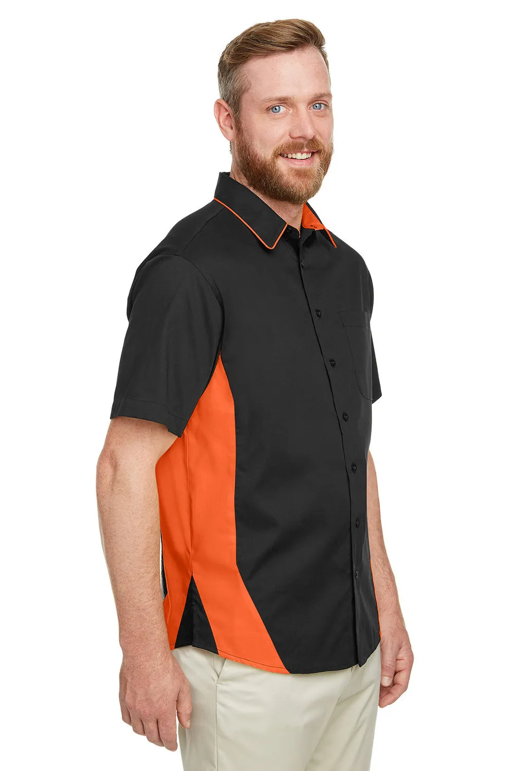 Harriton Mens Flash Colorblock Wrinkle Resistant Short Sleeve Button Down Shirt w/ Pocket - Black/Team Orange - Closeout