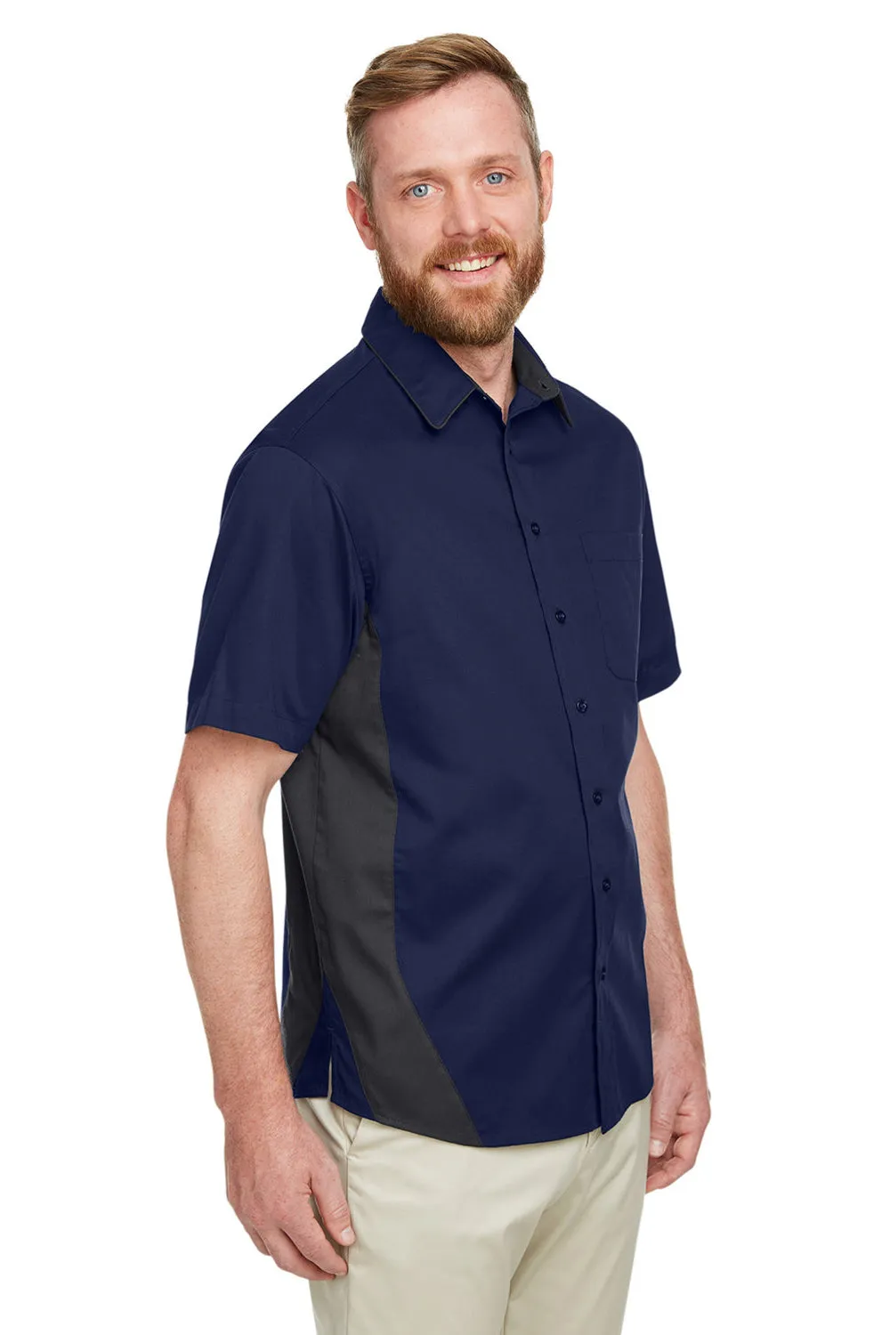 Harriton Mens Flash Colorblock Wrinkle Resistant Short Sleeve Button Down Shirt w/ Pocket - Dark Navy Blue/Dark Charcoal Grey - Closeout