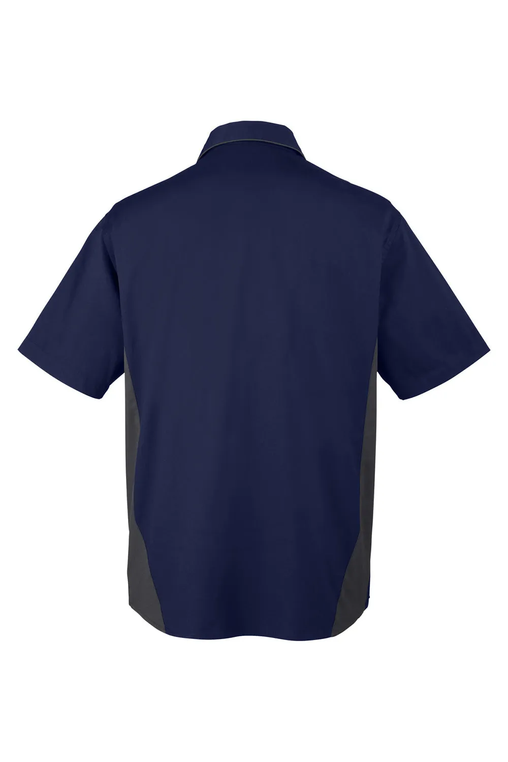 Harriton Mens Flash Colorblock Wrinkle Resistant Short Sleeve Button Down Shirt w/ Pocket - Dark Navy Blue/Dark Charcoal Grey - Closeout