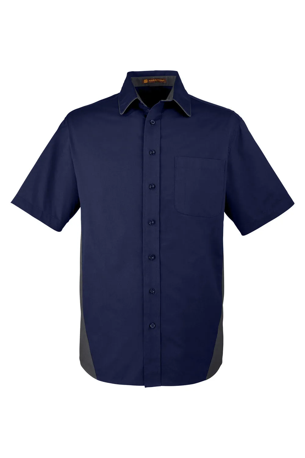 Harriton Mens Flash Colorblock Wrinkle Resistant Short Sleeve Button Down Shirt w/ Pocket - Dark Navy Blue/Dark Charcoal Grey - Closeout
