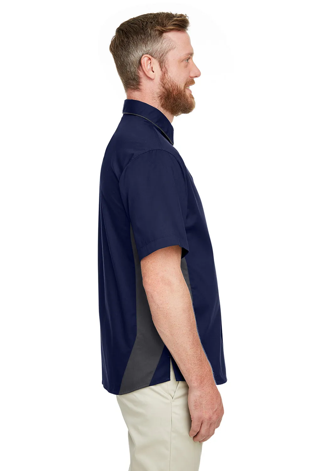 Harriton Mens Flash Colorblock Wrinkle Resistant Short Sleeve Button Down Shirt w/ Pocket - Dark Navy Blue/Dark Charcoal Grey - Closeout