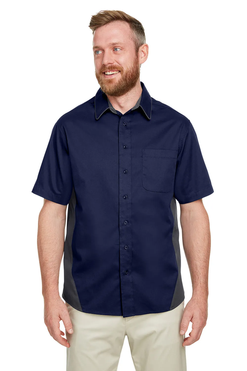 Harriton Mens Flash Colorblock Wrinkle Resistant Short Sleeve Button Down Shirt w/ Pocket - Dark Navy Blue/Dark Charcoal Grey - Closeout