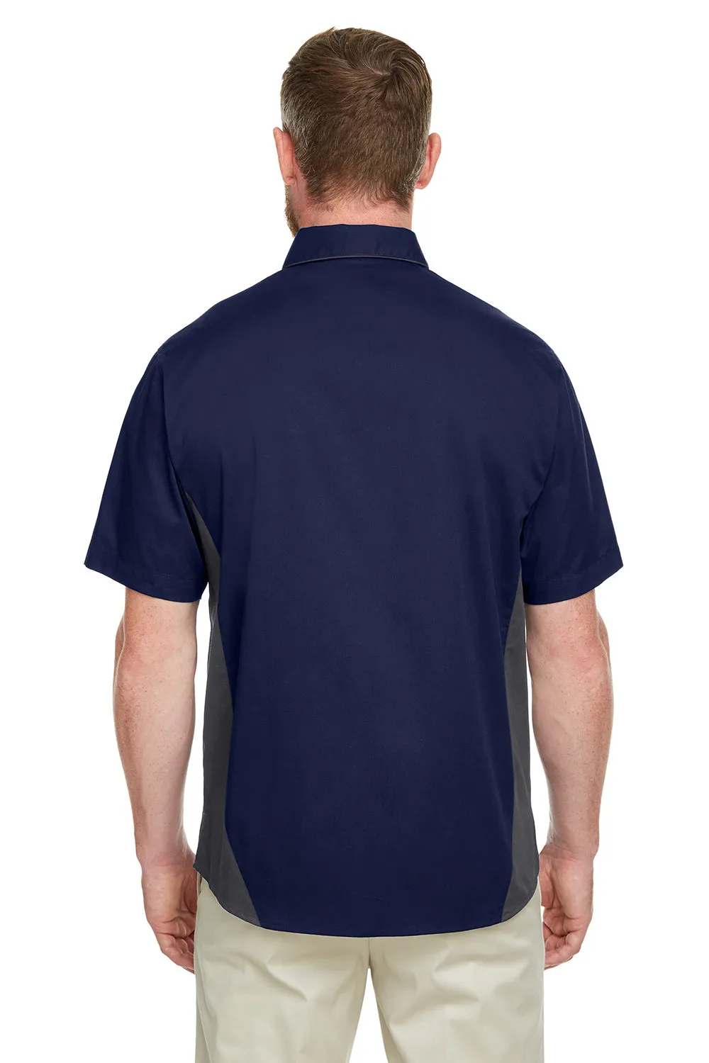 Harriton Mens Flash Colorblock Wrinkle Resistant Short Sleeve Button Down Shirt w/ Pocket - Dark Navy Blue/Dark Charcoal Grey - Closeout