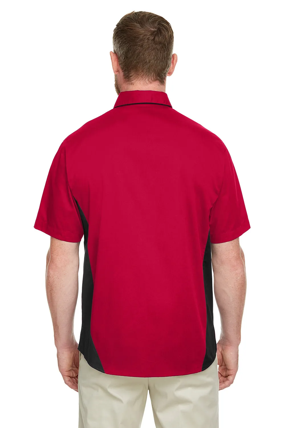 Harriton Mens Flash Colorblock Wrinkle Resistant Short Sleeve Button Down Shirt w/ Pocket - Red/Black