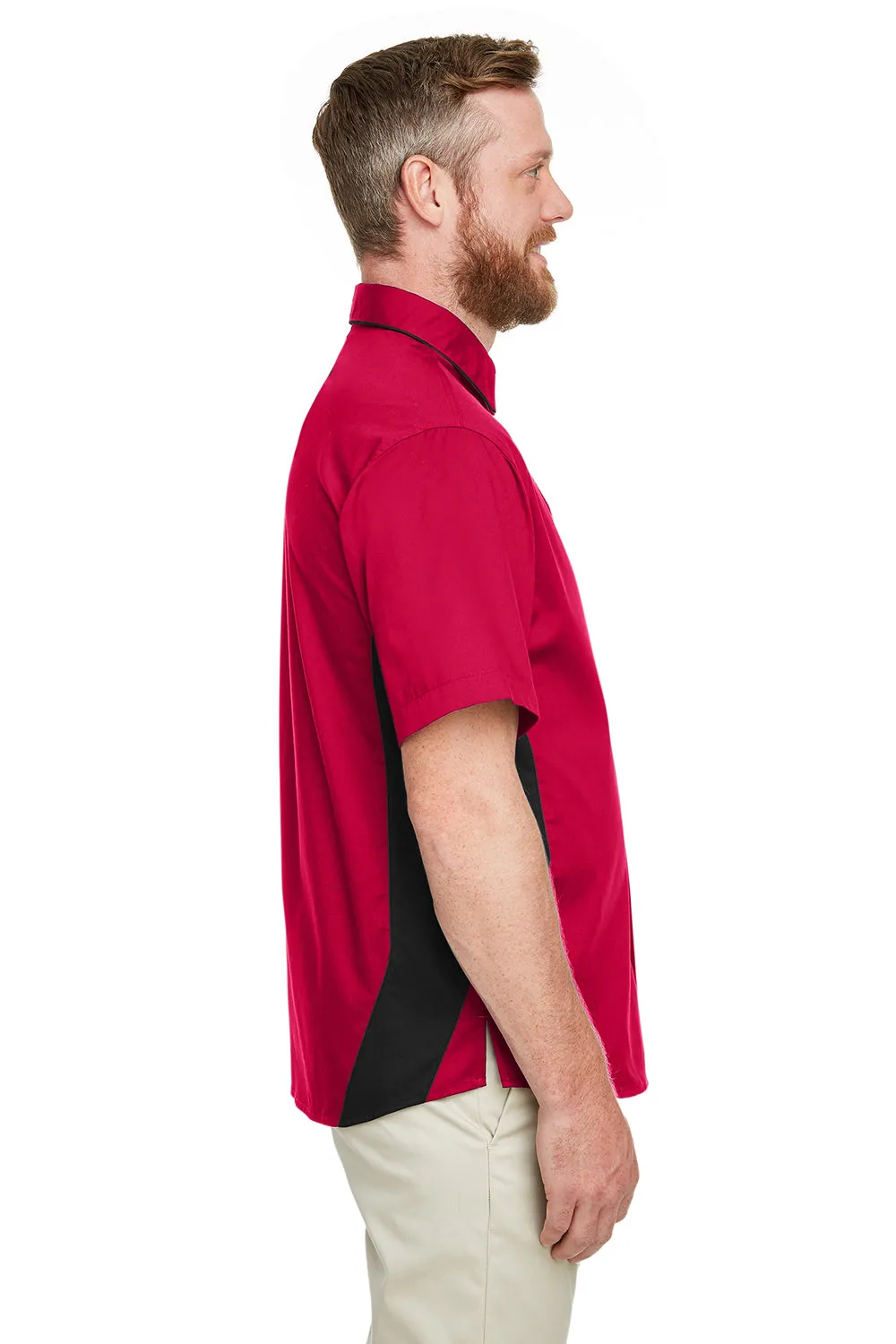 Harriton Mens Flash Colorblock Wrinkle Resistant Short Sleeve Button Down Shirt w/ Pocket - Red/Black