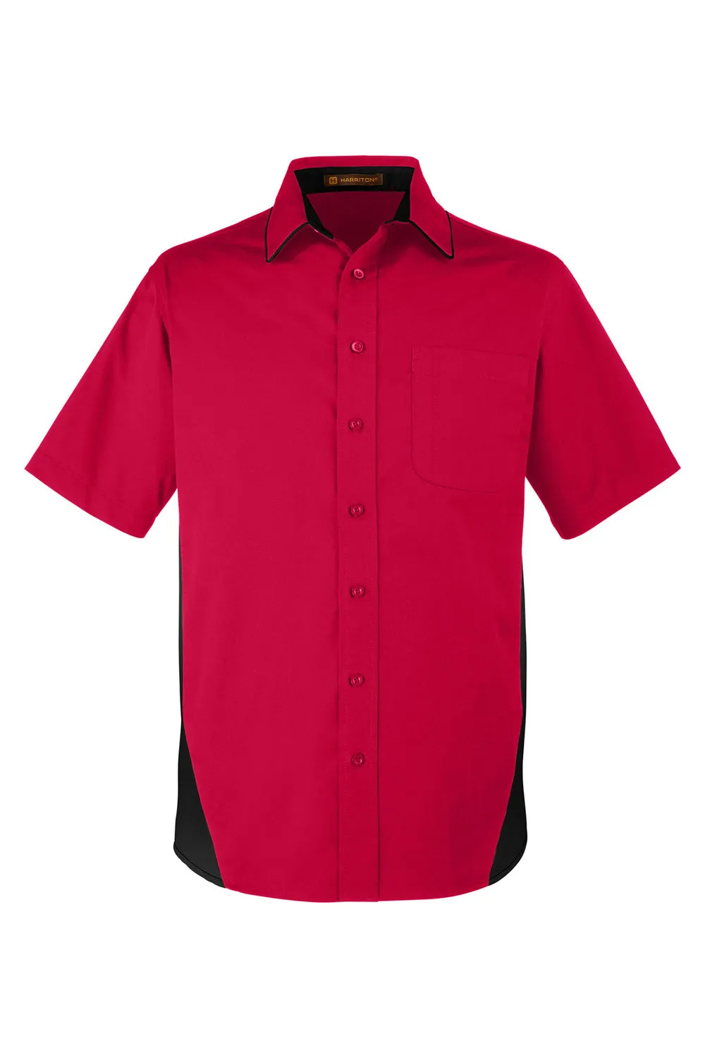 Harriton Mens Flash Colorblock Wrinkle Resistant Short Sleeve Button Down Shirt w/ Pocket - Red/Black