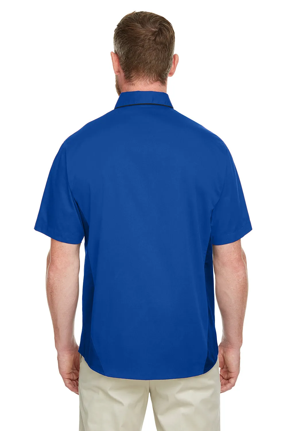 Harriton Mens Flash Colorblock Wrinkle Resistant Short Sleeve Button Down Shirt w/ Pocket - True Royal Blue/Black