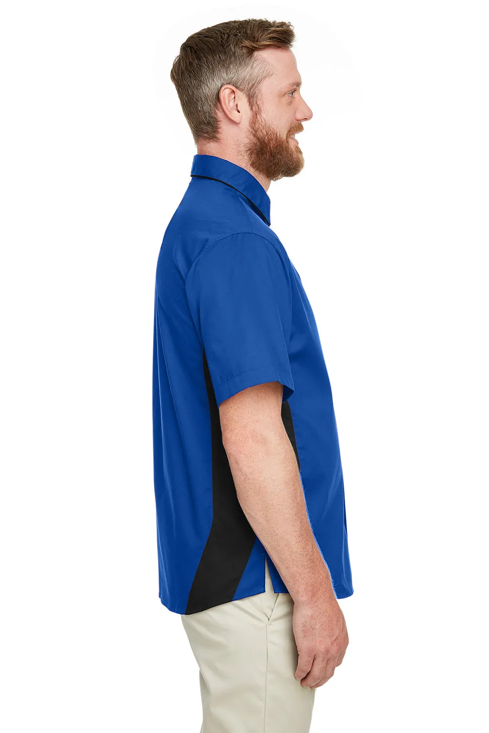 Harriton Mens Flash Colorblock Wrinkle Resistant Short Sleeve Button Down Shirt w/ Pocket - True Royal Blue/Black