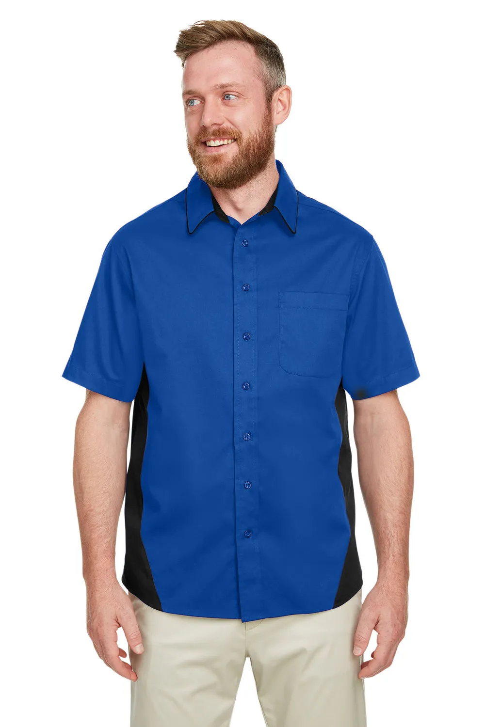 Harriton Mens Flash Colorblock Wrinkle Resistant Short Sleeve Button Down Shirt w/ Pocket - True Royal Blue/Black