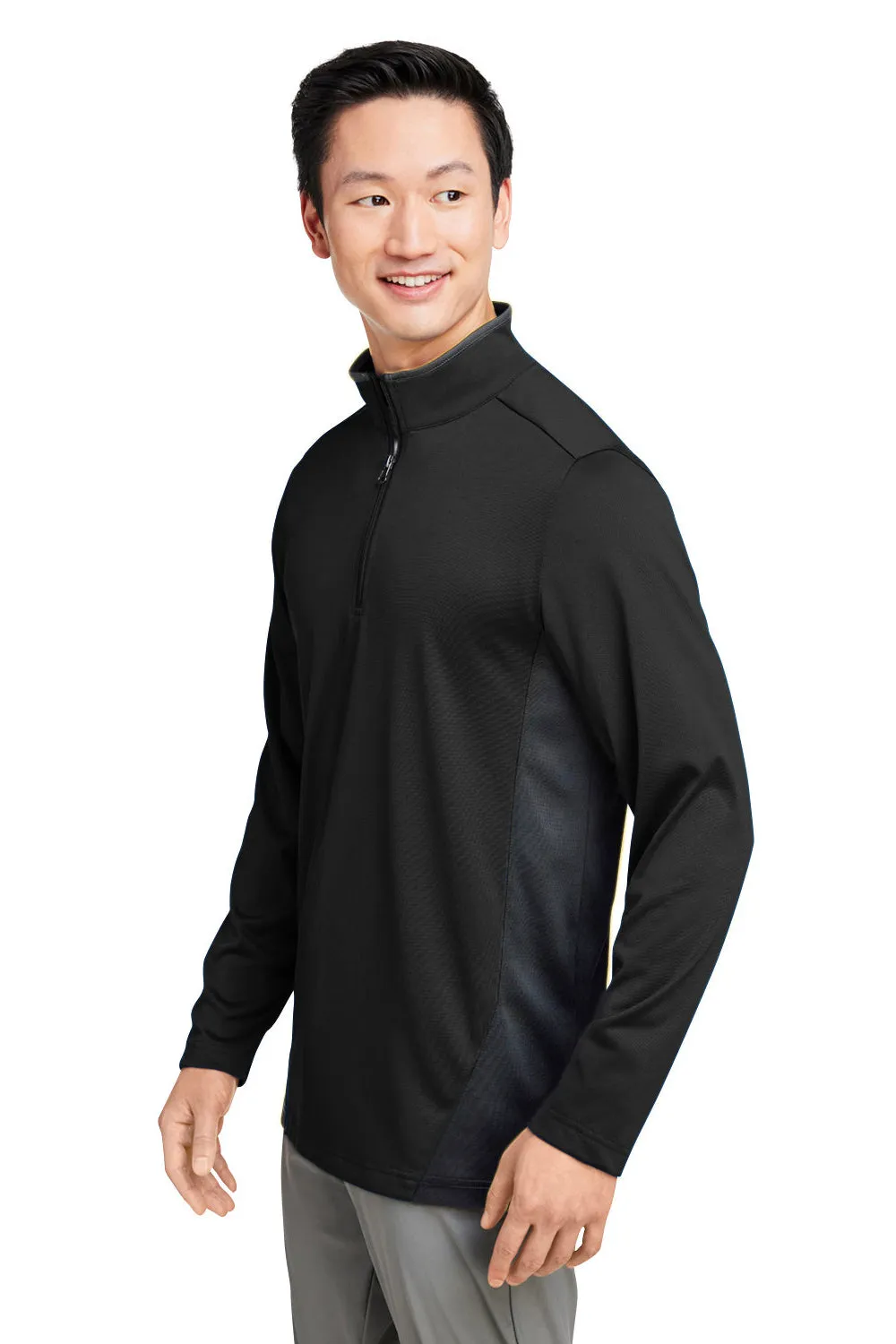 Harriton Mens Flash Performance Moisture Wicking Colorblock 1/4 Zip Sweatshirt - Black/Dark Charcoal Grey