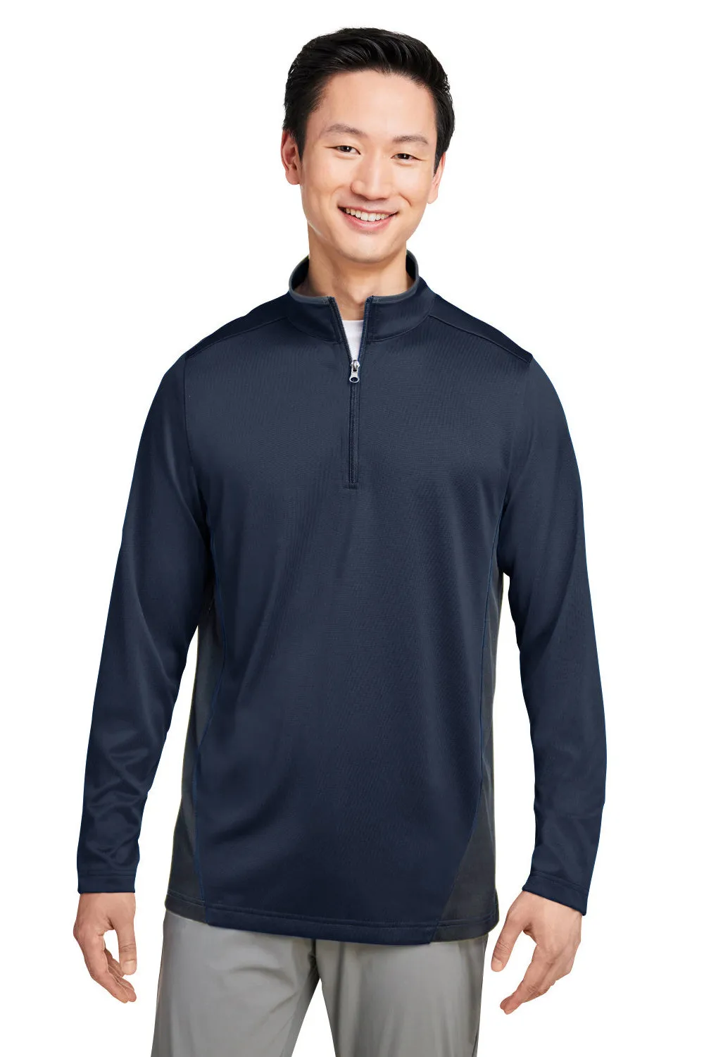 Harriton Mens Flash Performance Moisture Wicking Colorblock 1/4 Zip Sweatshirt - Dark Navy Blue/Dark Charcoal Grey