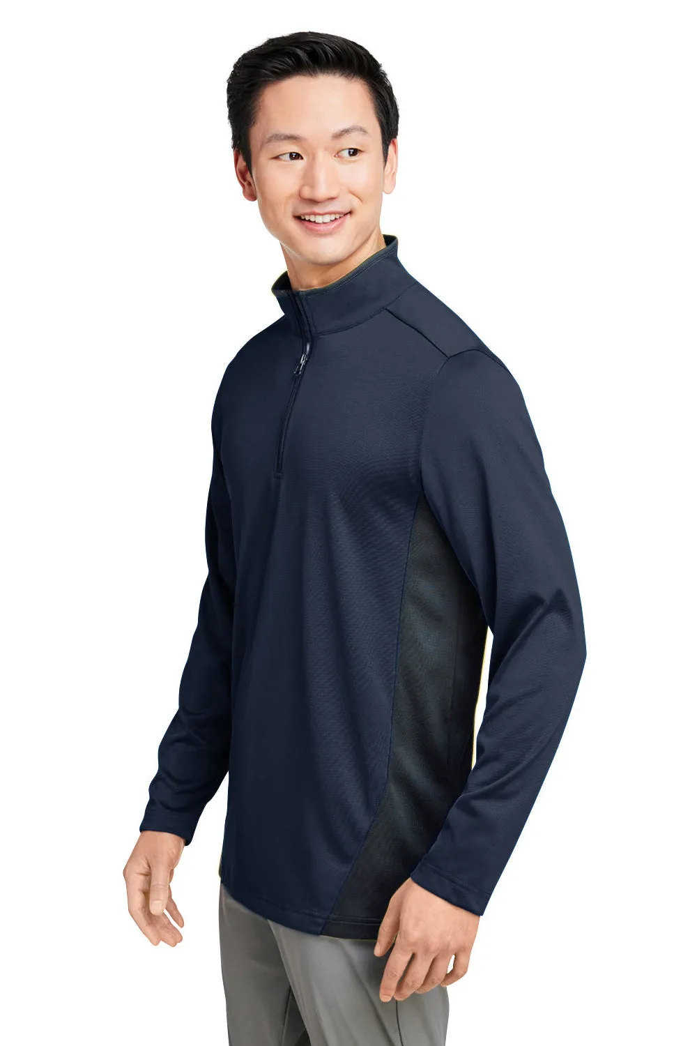Harriton Mens Flash Performance Moisture Wicking Colorblock 1/4 Zip Sweatshirt - Dark Navy Blue/Dark Charcoal Grey