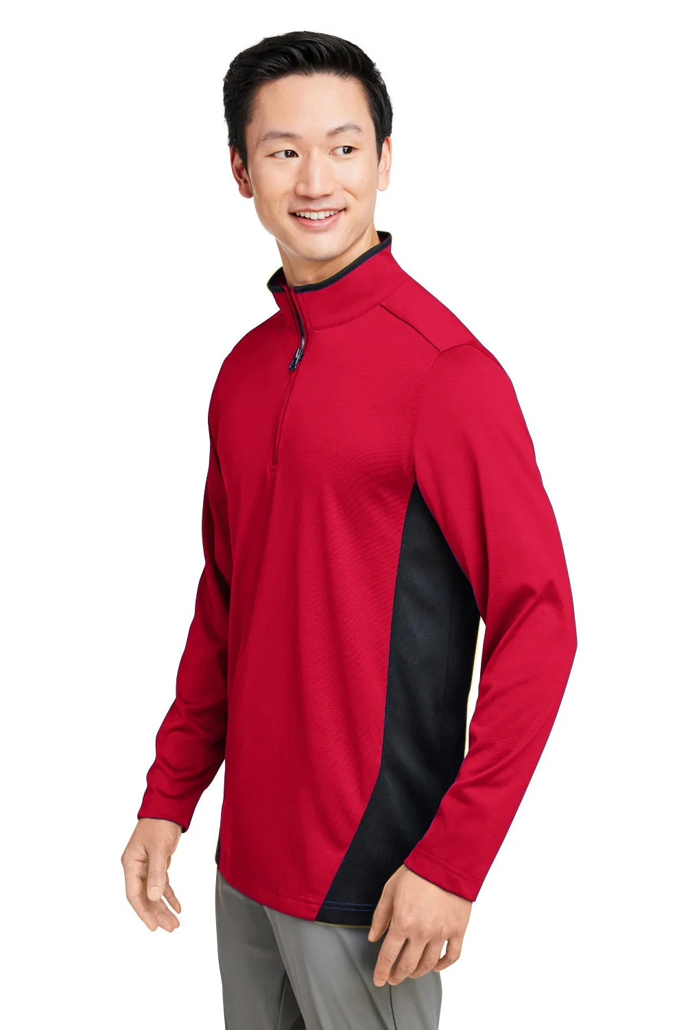 Harriton Mens Flash Performance Moisture Wicking Colorblock 1/4 Zip Sweatshirt - Red/Black