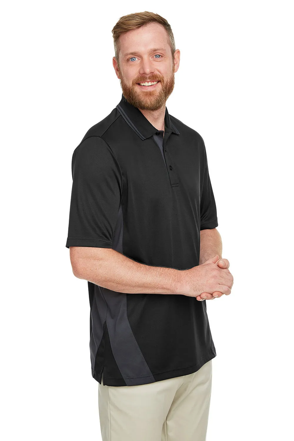 Harriton Mens Flash Performance Moisture Wicking Colorblock Short Sleeve Polo Shirt - Black/Dark Charcoal Grey