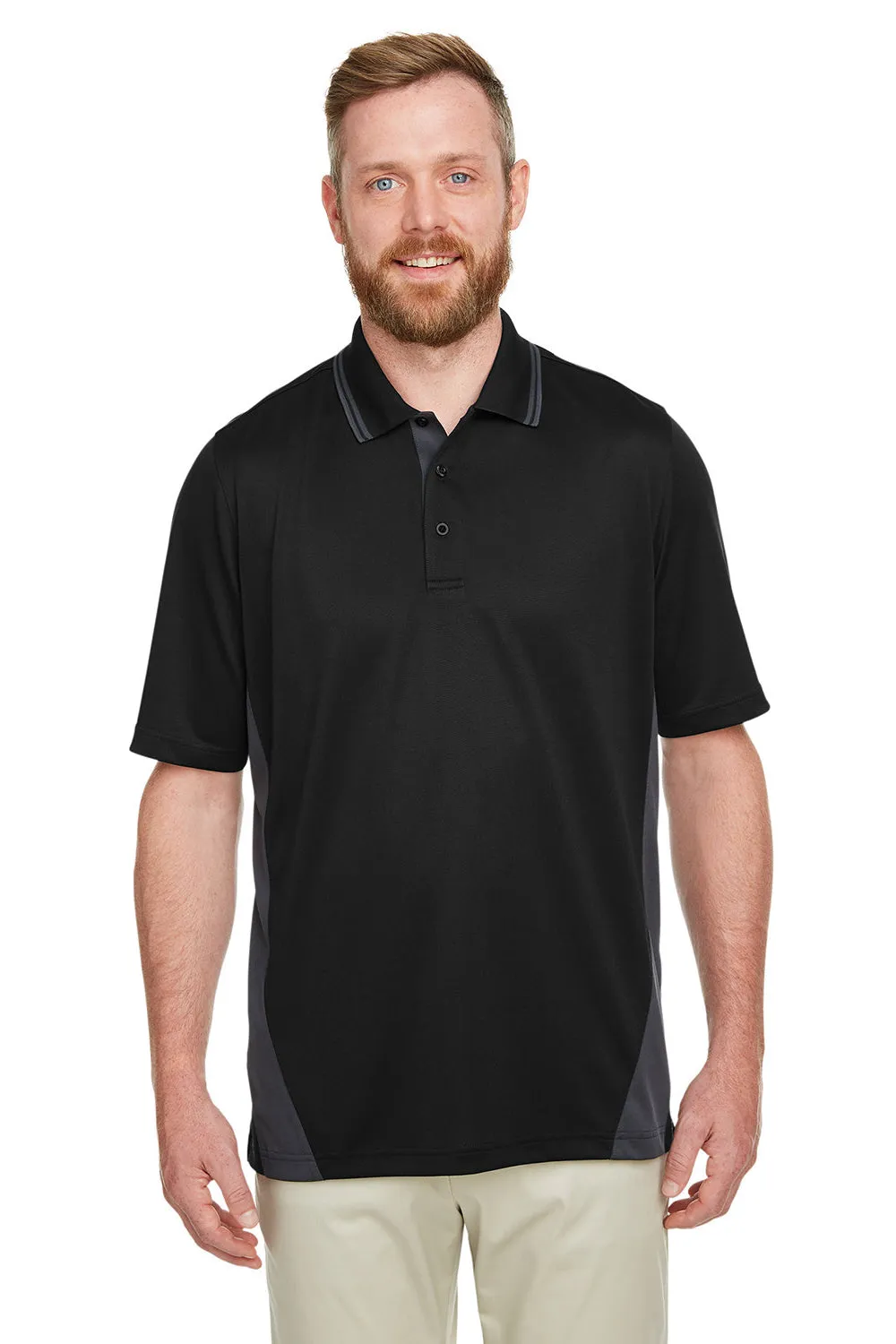 Harriton Mens Flash Performance Moisture Wicking Colorblock Short Sleeve Polo Shirt - Black/Dark Charcoal Grey