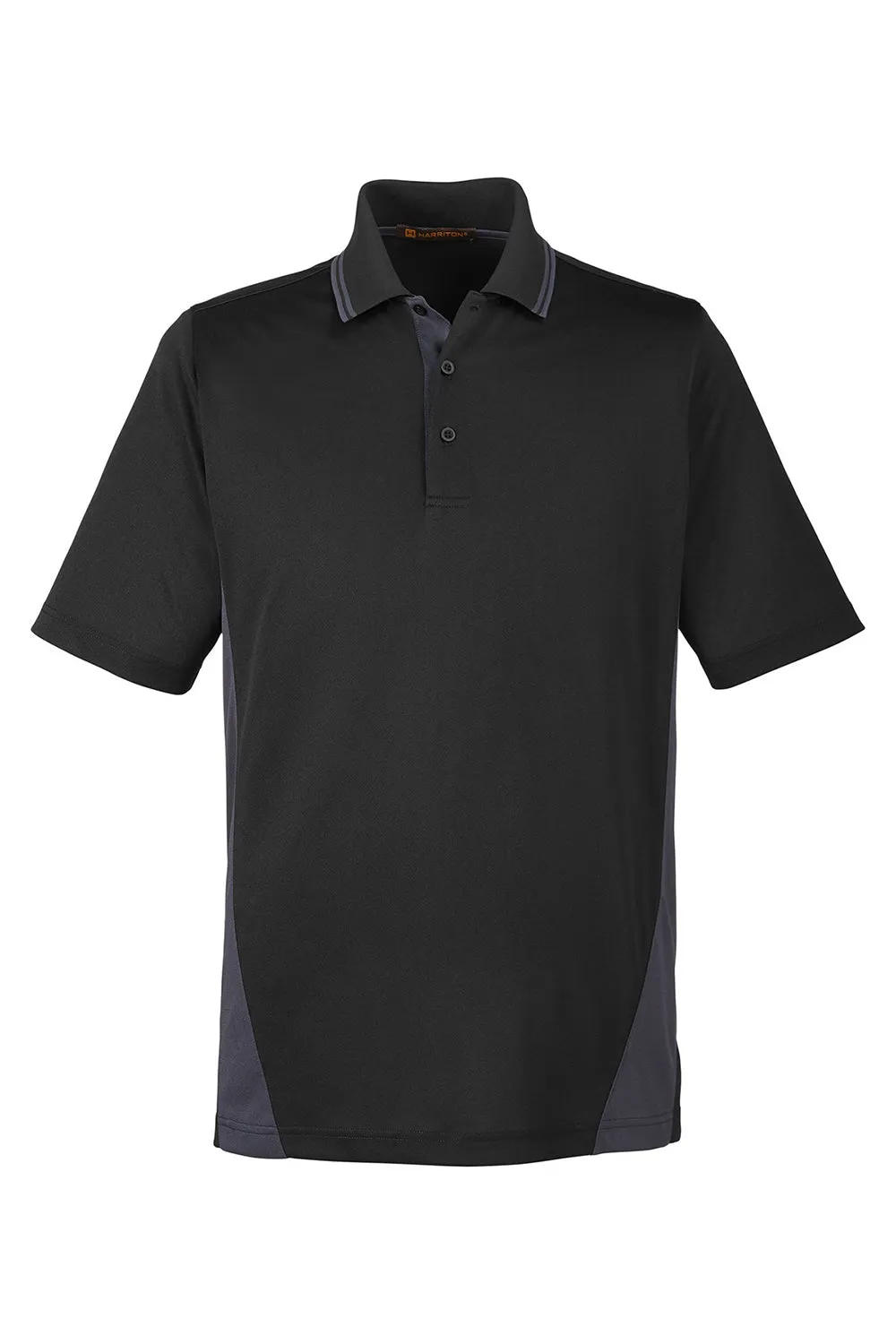 Harriton Mens Flash Performance Moisture Wicking Colorblock Short Sleeve Polo Shirt - Black/Dark Charcoal Grey