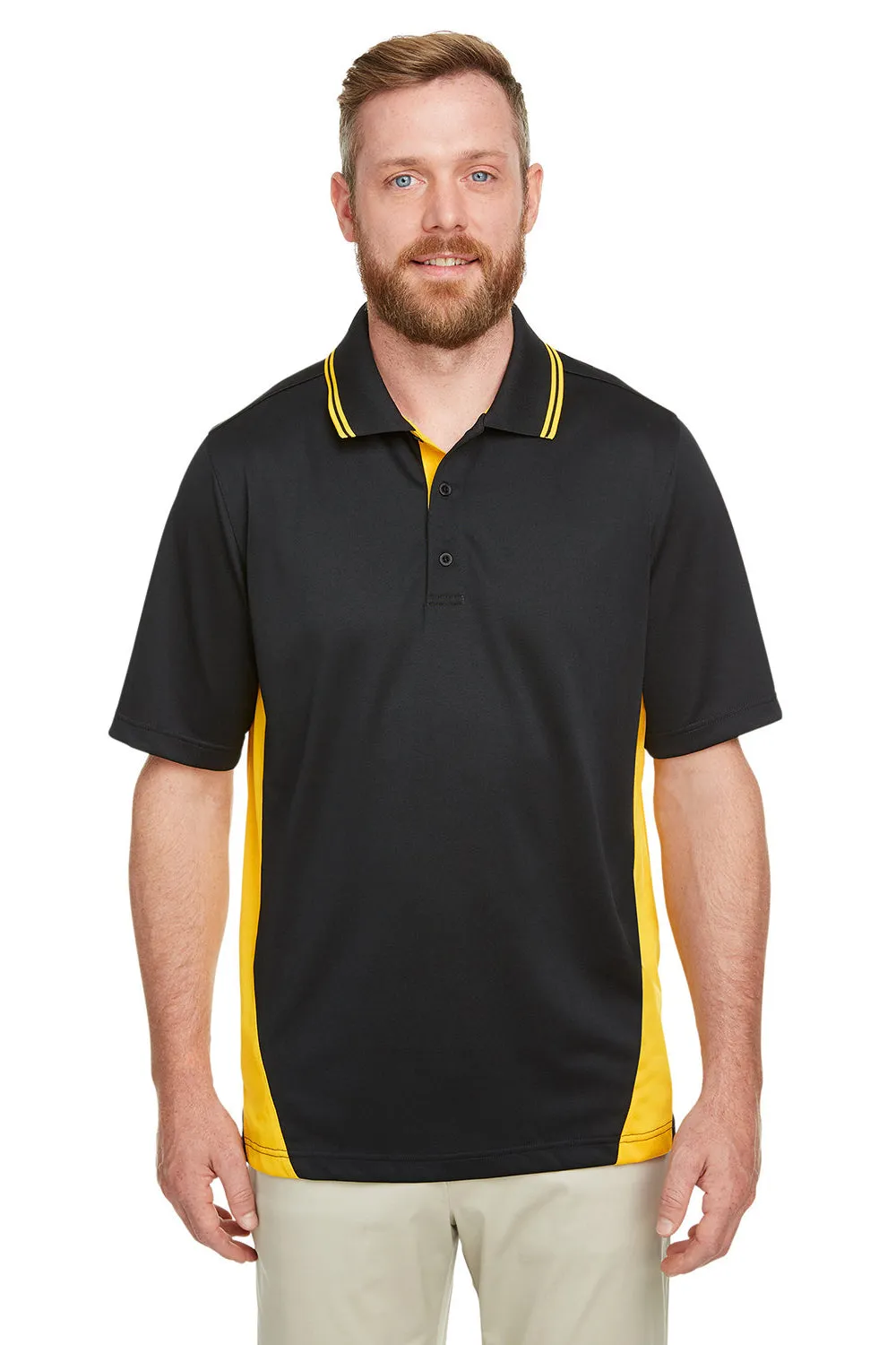 Harriton Mens Flash Performance Moisture Wicking Colorblock Short Sleeve Polo Shirt - Black/Sunray Yellow