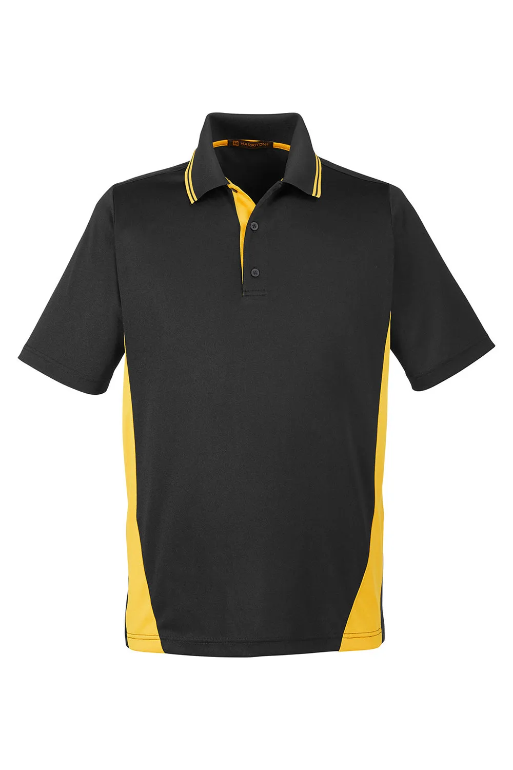 Harriton Mens Flash Performance Moisture Wicking Colorblock Short Sleeve Polo Shirt - Black/Sunray Yellow