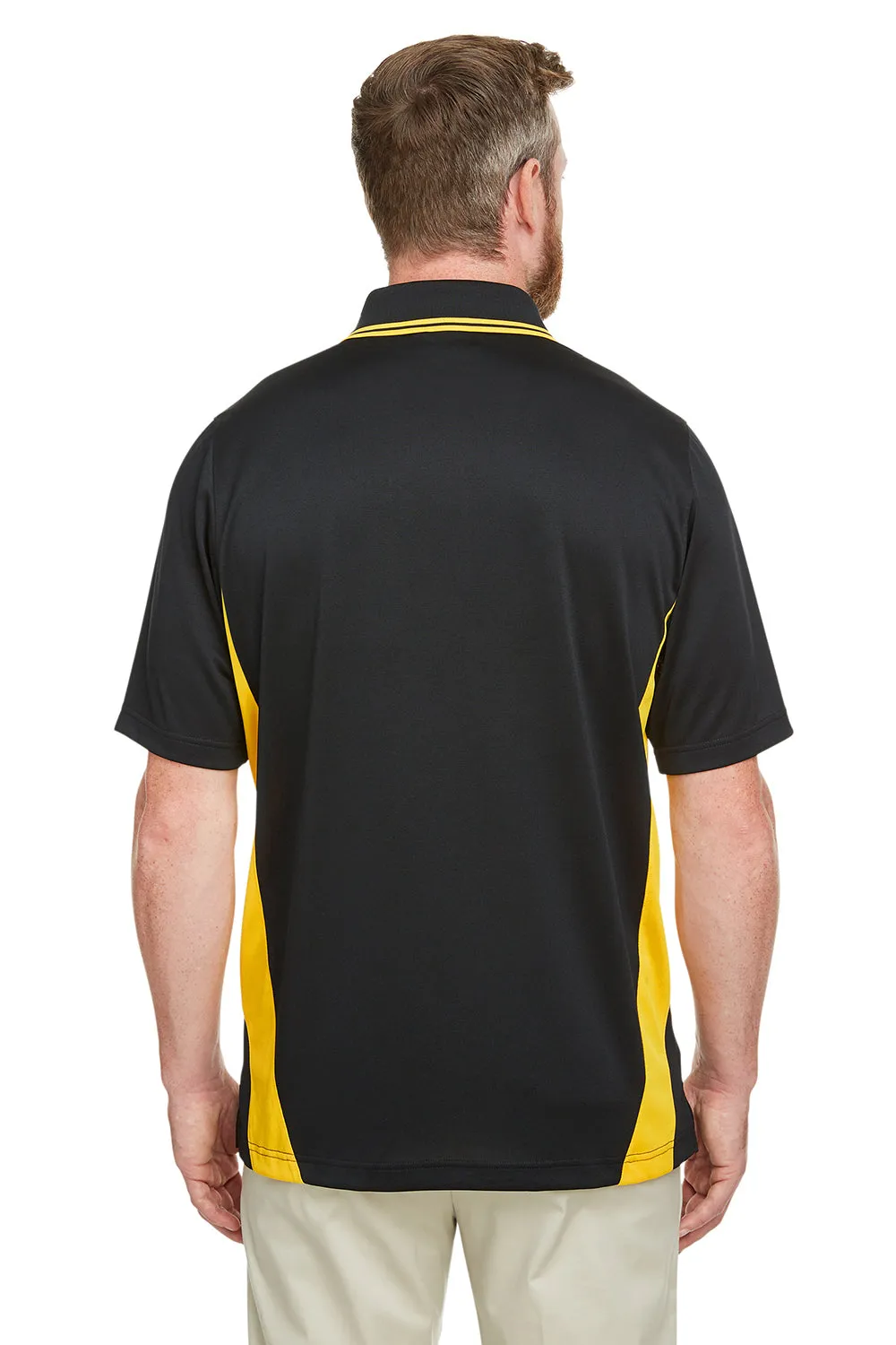 Harriton Mens Flash Performance Moisture Wicking Colorblock Short Sleeve Polo Shirt - Black/Sunray Yellow
