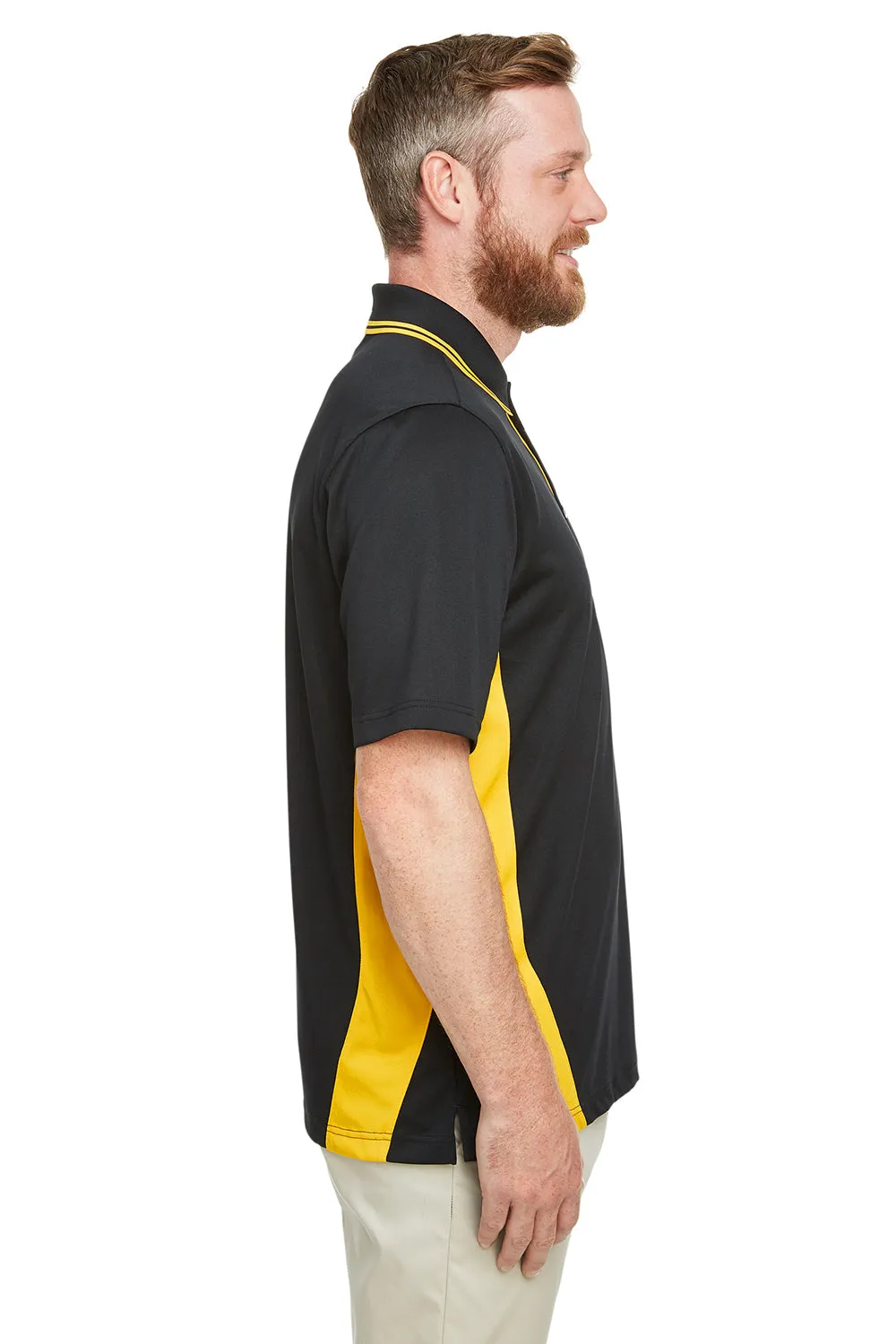 Harriton Mens Flash Performance Moisture Wicking Colorblock Short Sleeve Polo Shirt - Black/Sunray Yellow
