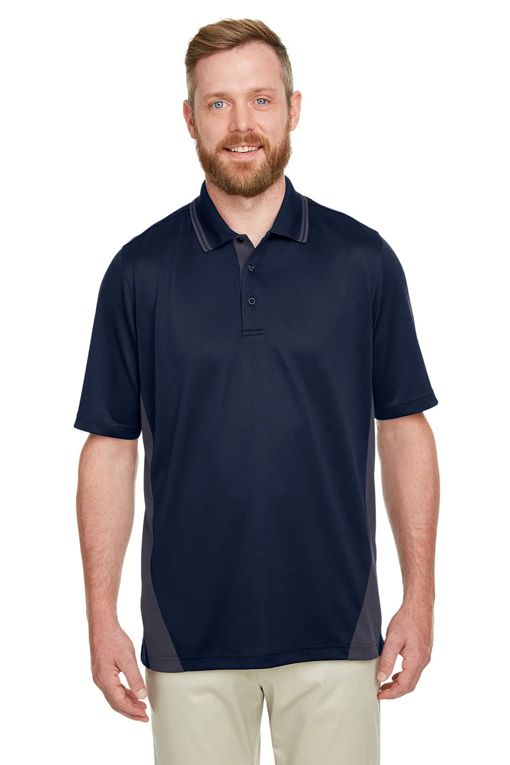 Harriton Mens Flash Performance Moisture Wicking Colorblock Short Sleeve Polo Shirt - Dark Navy Blue/Dark Charcoal Grey