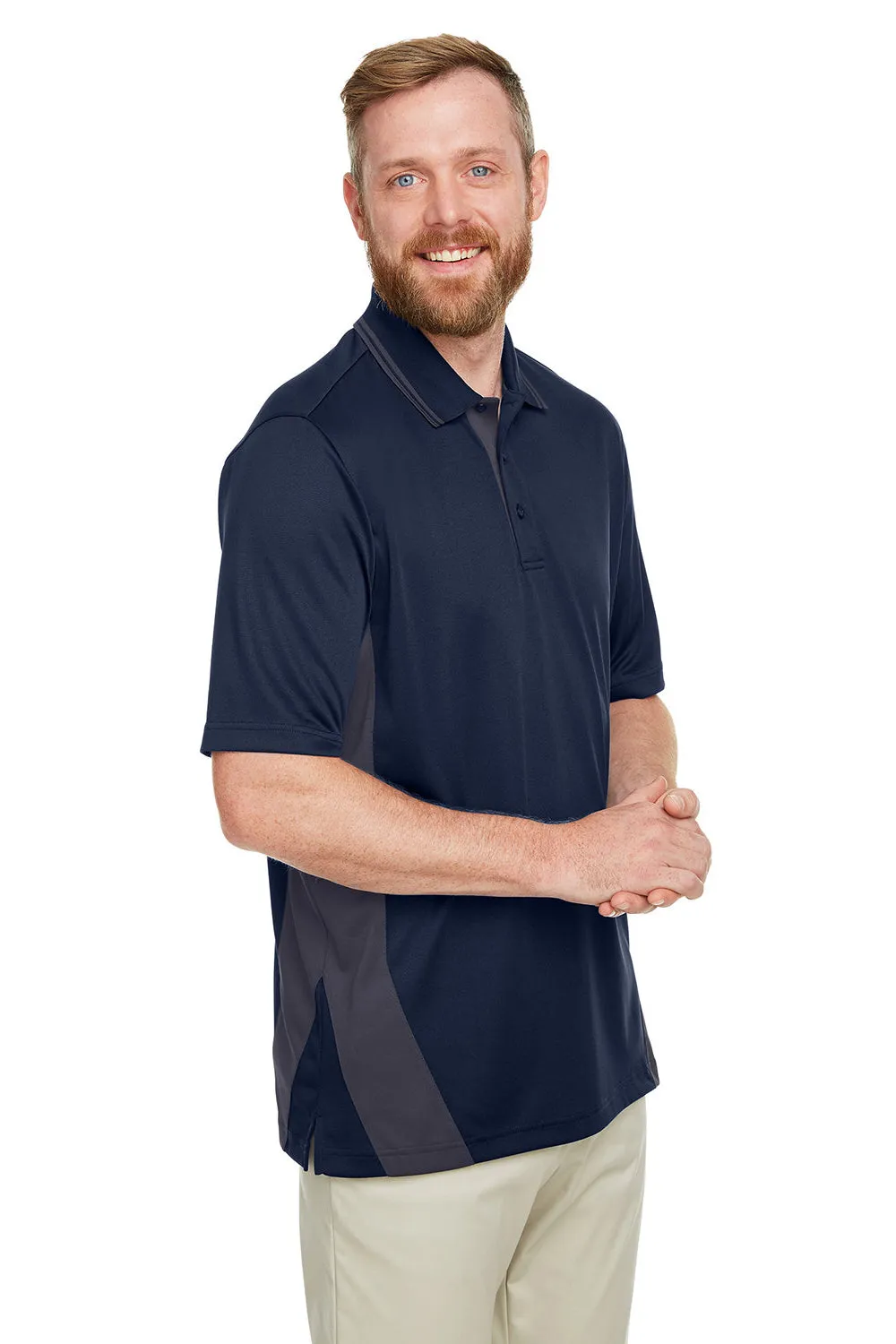 Harriton Mens Flash Performance Moisture Wicking Colorblock Short Sleeve Polo Shirt - Dark Navy Blue/Dark Charcoal Grey