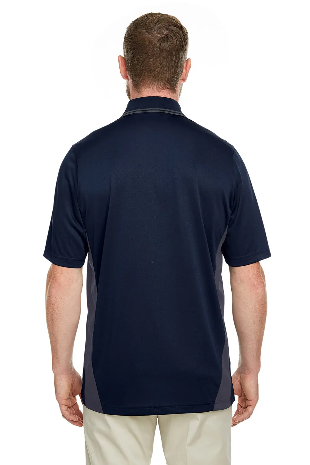 Harriton Mens Flash Performance Moisture Wicking Colorblock Short Sleeve Polo Shirt - Dark Navy Blue/Dark Charcoal Grey