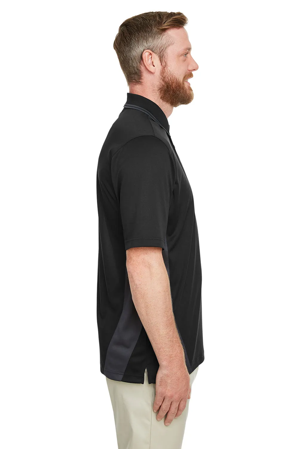 Harriton Mens Flash Performance Moisture Wicking Colorblock Short Sleeve Polo Shirt - Dark Navy Blue/Dark Charcoal Grey