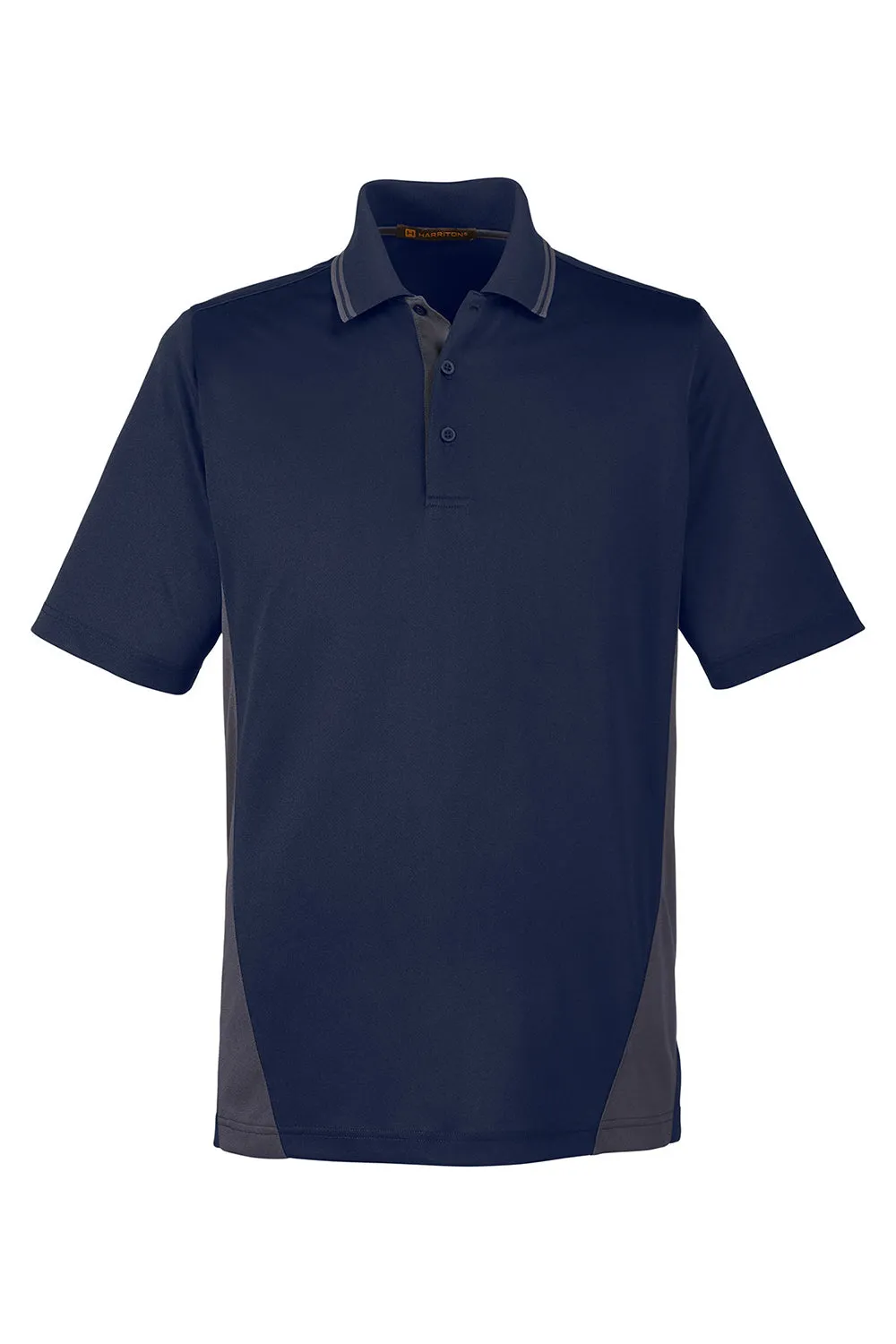 Harriton Mens Flash Performance Moisture Wicking Colorblock Short Sleeve Polo Shirt - Dark Navy Blue/Dark Charcoal Grey