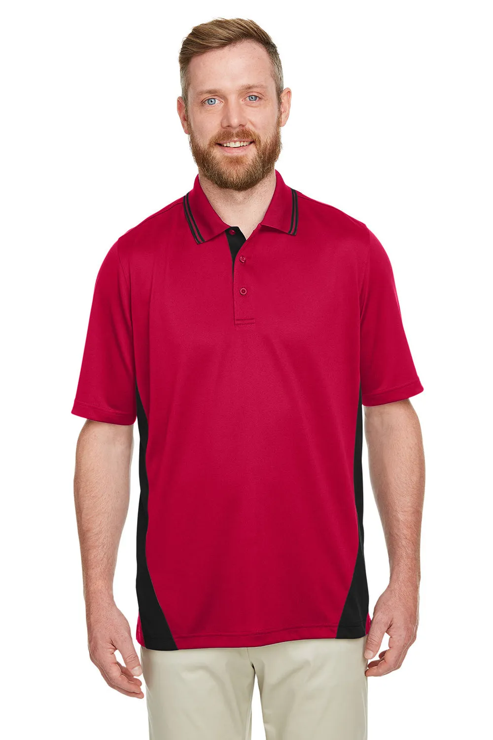 Harriton Mens Flash Performance Moisture Wicking Colorblock Short Sleeve Polo Shirt - Red/Black