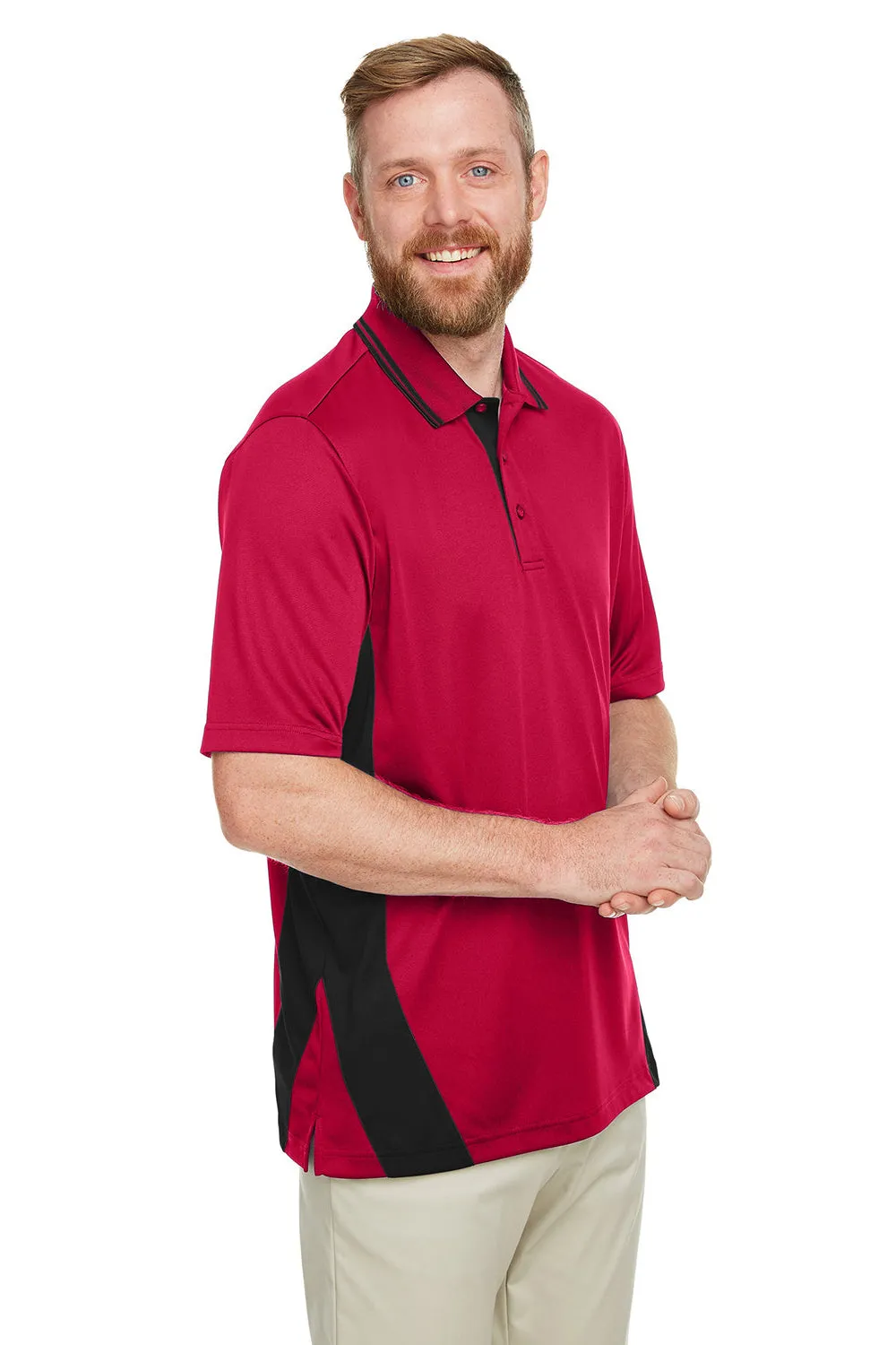 Harriton Mens Flash Performance Moisture Wicking Colorblock Short Sleeve Polo Shirt - Red/Black