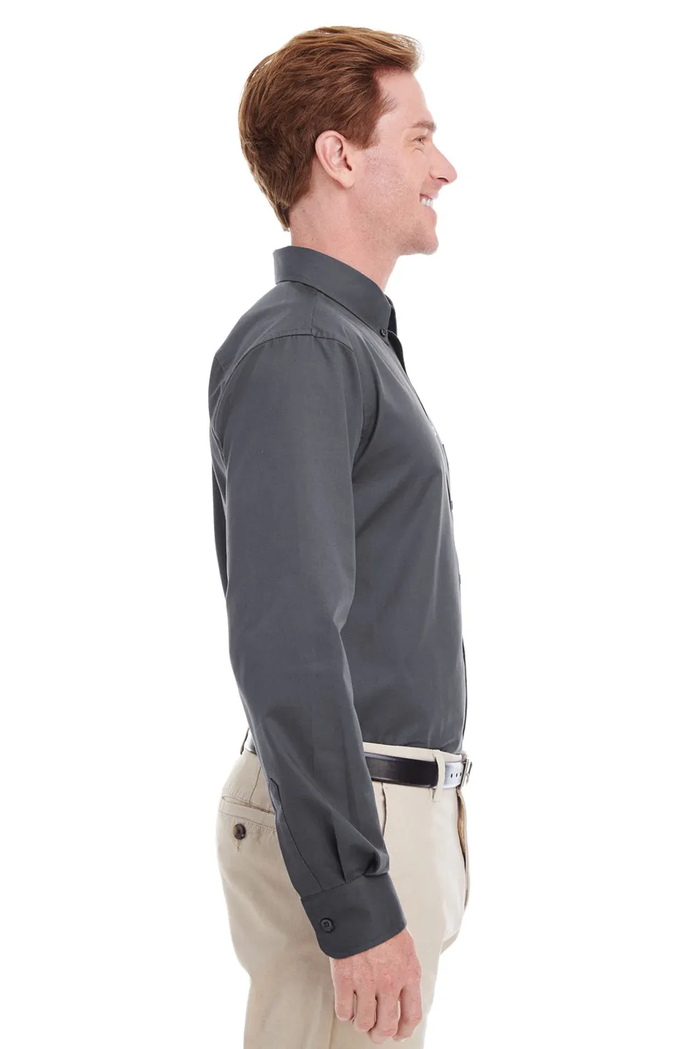 Harriton Mens Foundation Stain Resistant Long Sleeve Button Down Shirt w/ Pocket - Dark Charcoal Grey - Closeout