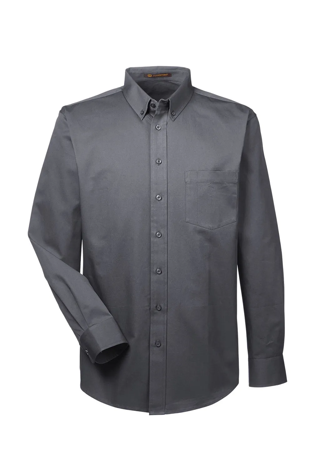 Harriton Mens Foundation Stain Resistant Long Sleeve Button Down Shirt w/ Pocket - Dark Charcoal Grey - Closeout