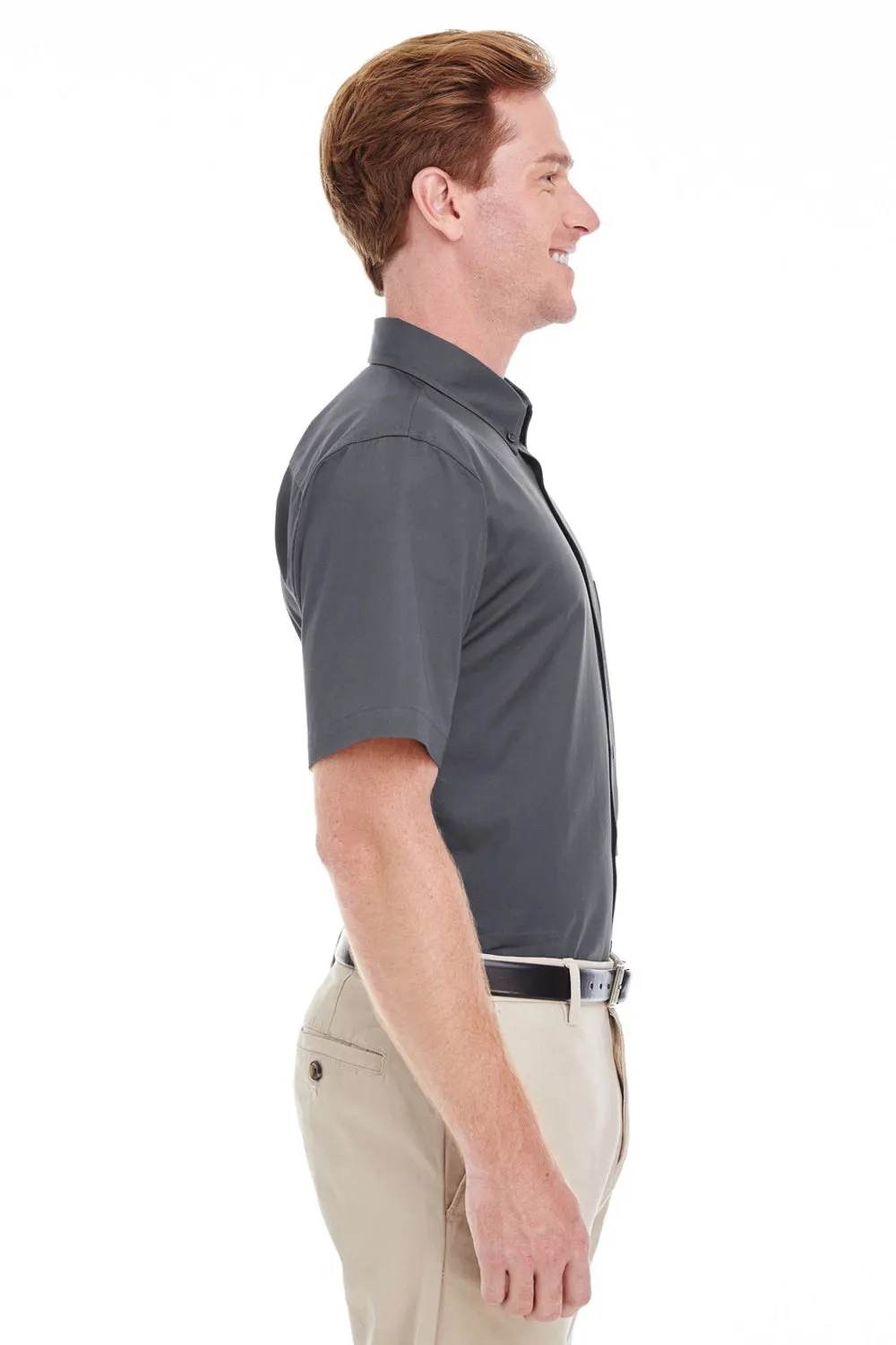 Harriton Mens Foundation Stain Resistant Short Sleeve Button Down Shirt w/ Pocket - Dark Charcoal Grey - Closeout