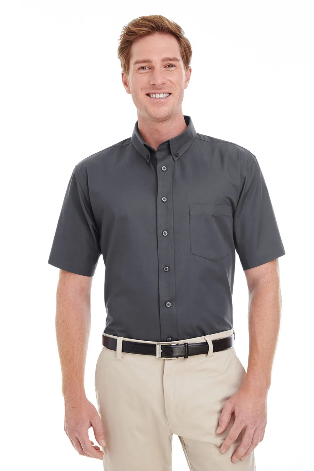 Harriton Mens Foundation Stain Resistant Short Sleeve Button Down Shirt w/ Pocket - Dark Charcoal Grey - Closeout
