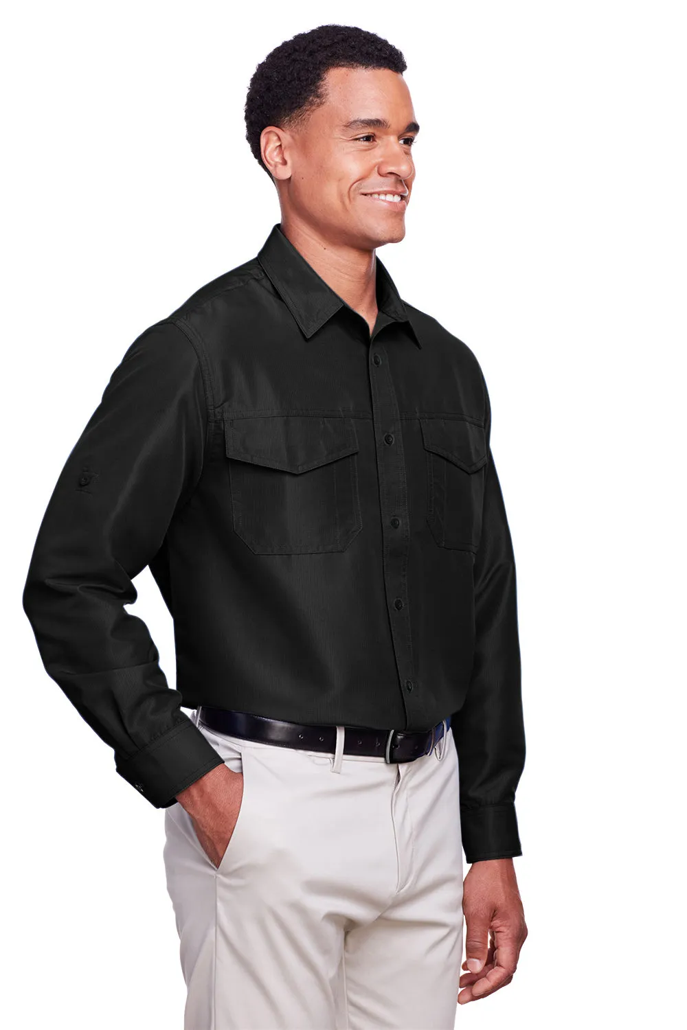 Harriton Mens Key West Performance Moisture Wicking Long Sleeve Button Down Shirt w/ Double Pockets - Black