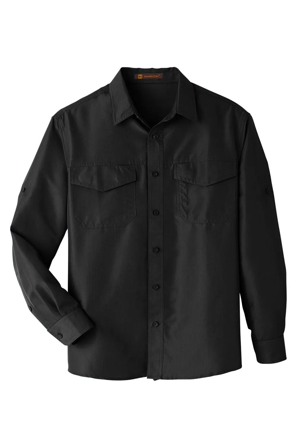 Harriton Mens Key West Performance Moisture Wicking Long Sleeve Button Down Shirt w/ Double Pockets - Black
