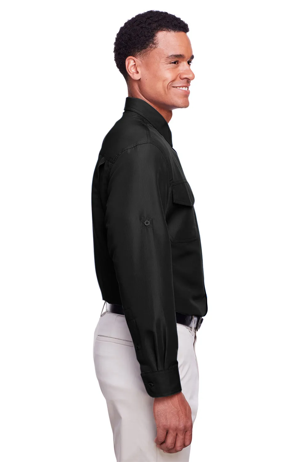 Harriton Mens Key West Performance Moisture Wicking Long Sleeve Button Down Shirt w/ Double Pockets - Black
