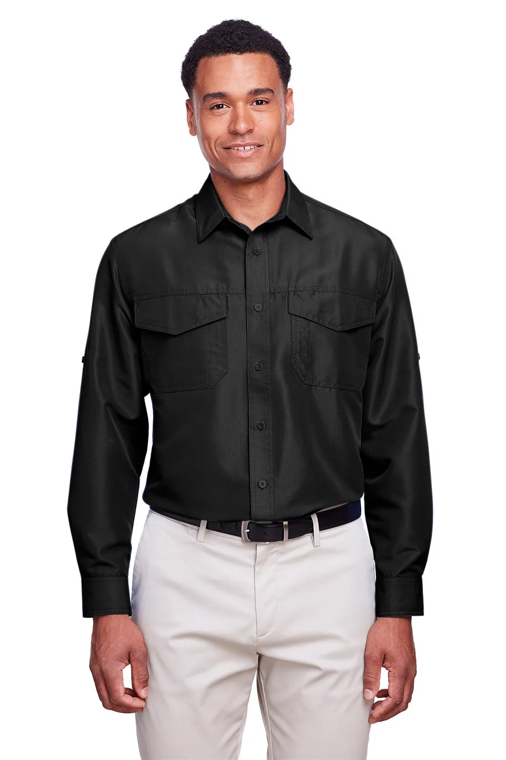 Harriton Mens Key West Performance Moisture Wicking Long Sleeve Button Down Shirt w/ Double Pockets - Black