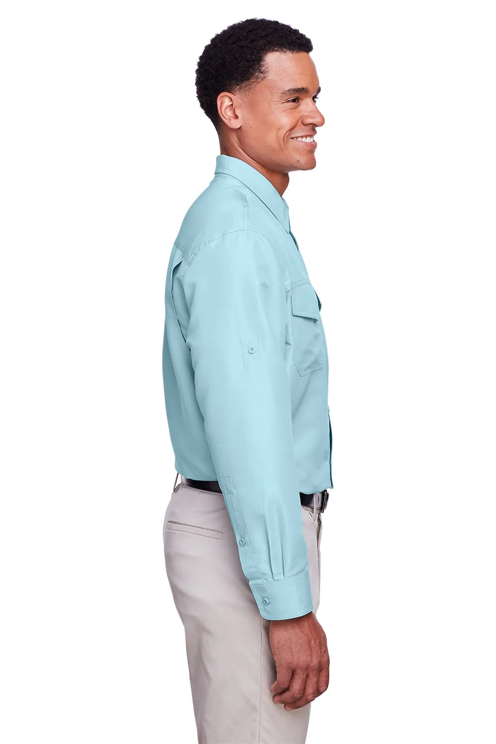 Harriton Mens Key West Performance Moisture Wicking Long Sleeve Button Down Shirt w/ Double Pockets - Cloud Blue
