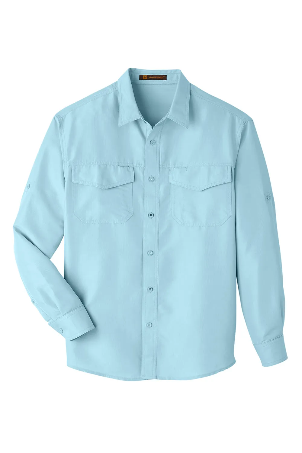 Harriton Mens Key West Performance Moisture Wicking Long Sleeve Button Down Shirt w/ Double Pockets - Cloud Blue