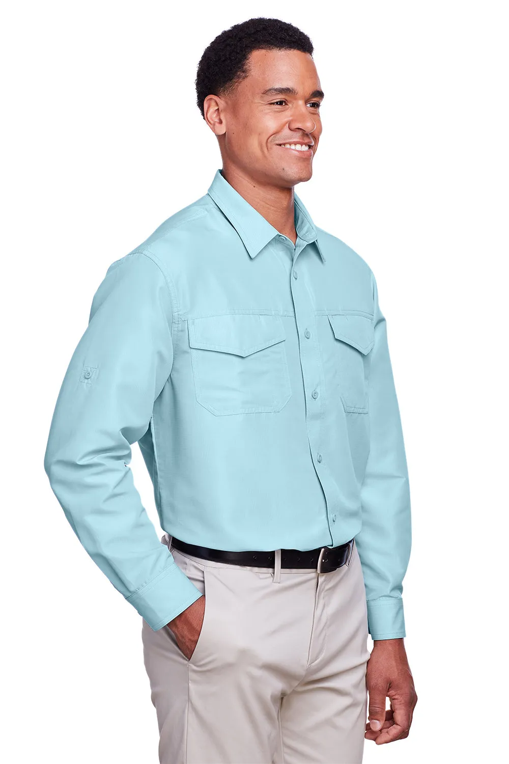 Harriton Mens Key West Performance Moisture Wicking Long Sleeve Button Down Shirt w/ Double Pockets - Cloud Blue