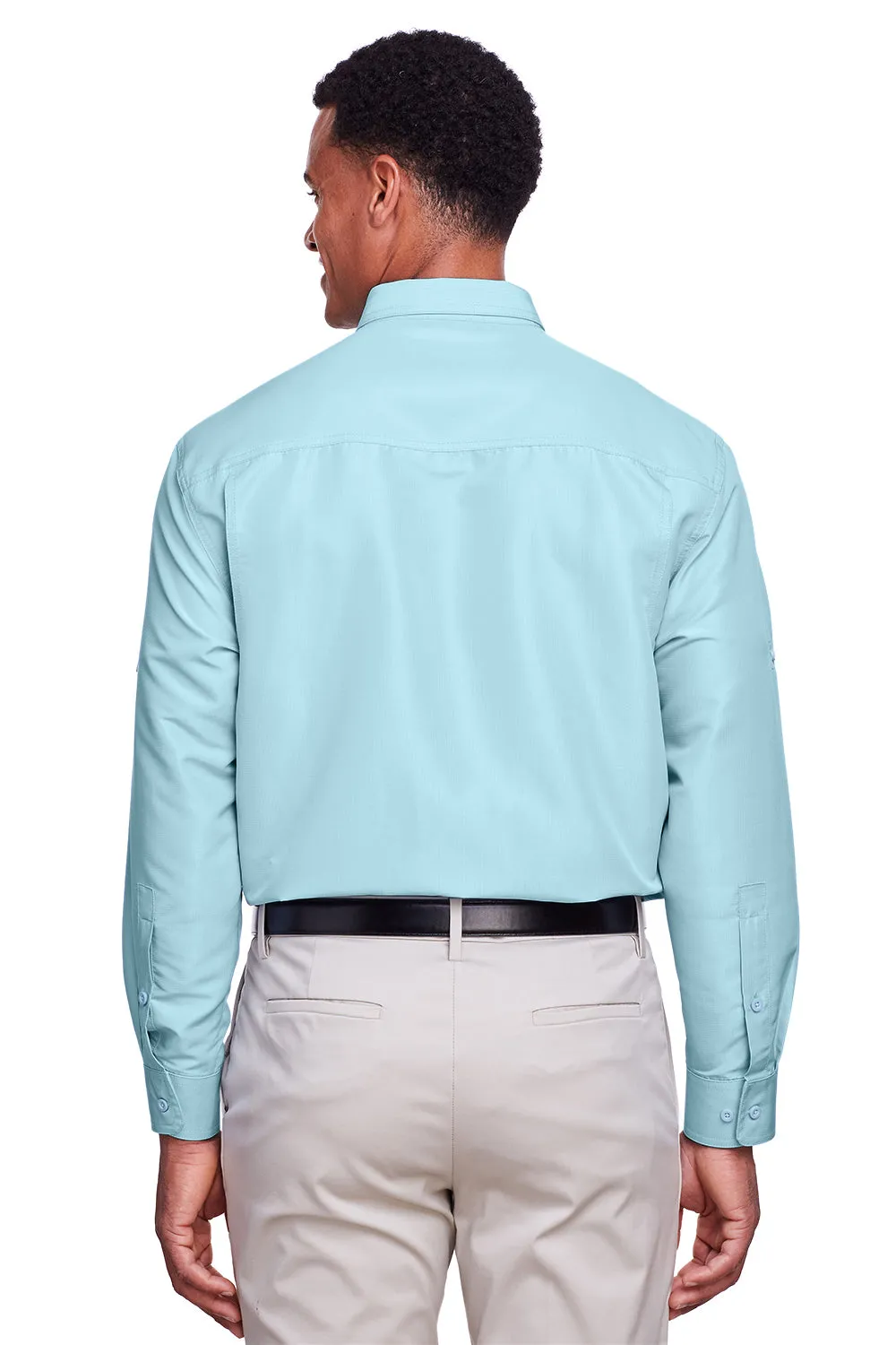Harriton Mens Key West Performance Moisture Wicking Long Sleeve Button Down Shirt w/ Double Pockets - Cloud Blue