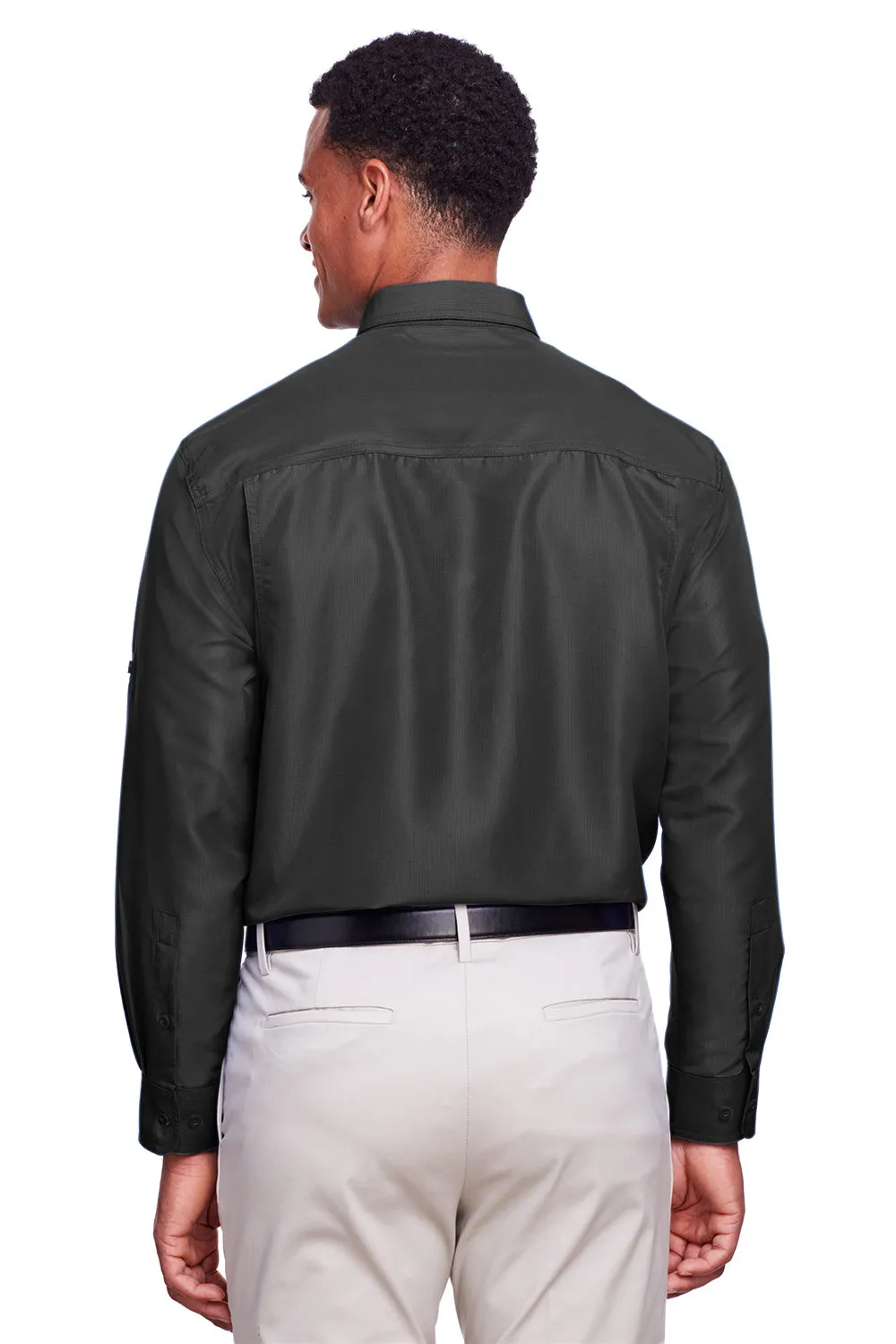 Harriton Mens Key West Performance Moisture Wicking Long Sleeve Button Down Shirt w/ Double Pockets - Dark Charcoal Grey